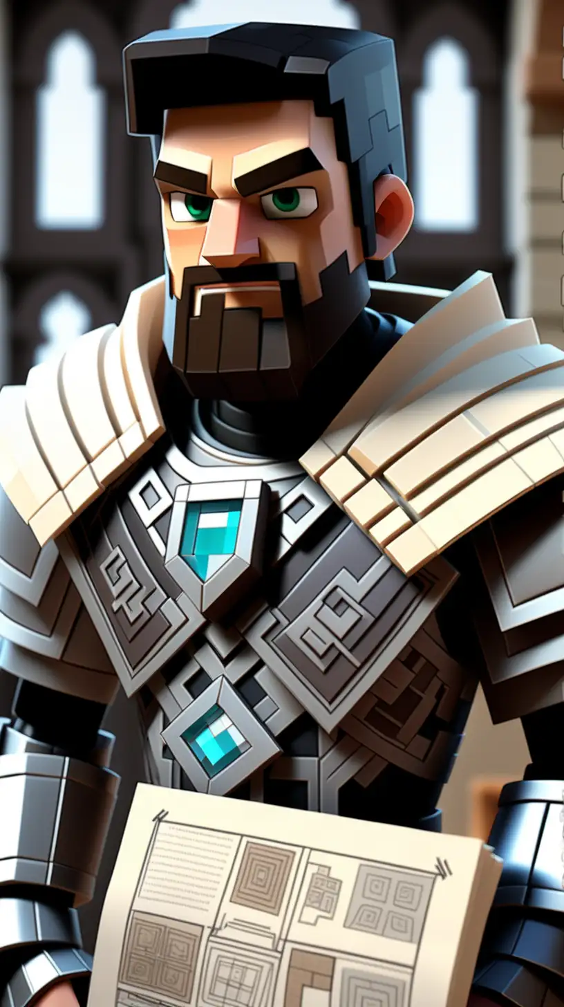 Minecraft Architect in Dark Metal Armor with Grand Building Designs