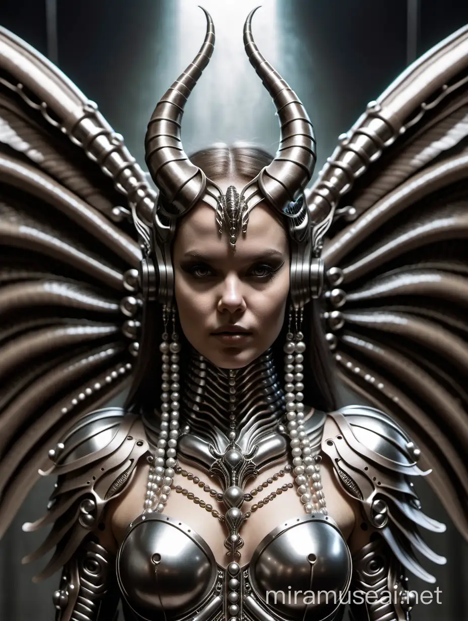 Hr Giger woman with butterfly wings and beads on the armor and devil horns 