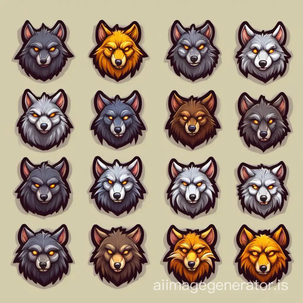 Draw a pack of icons for animal enemies (Rat, Big rat, Wolf, Young wolf, Alpha wolf, Bear). Fantasy 2D vector graphics style