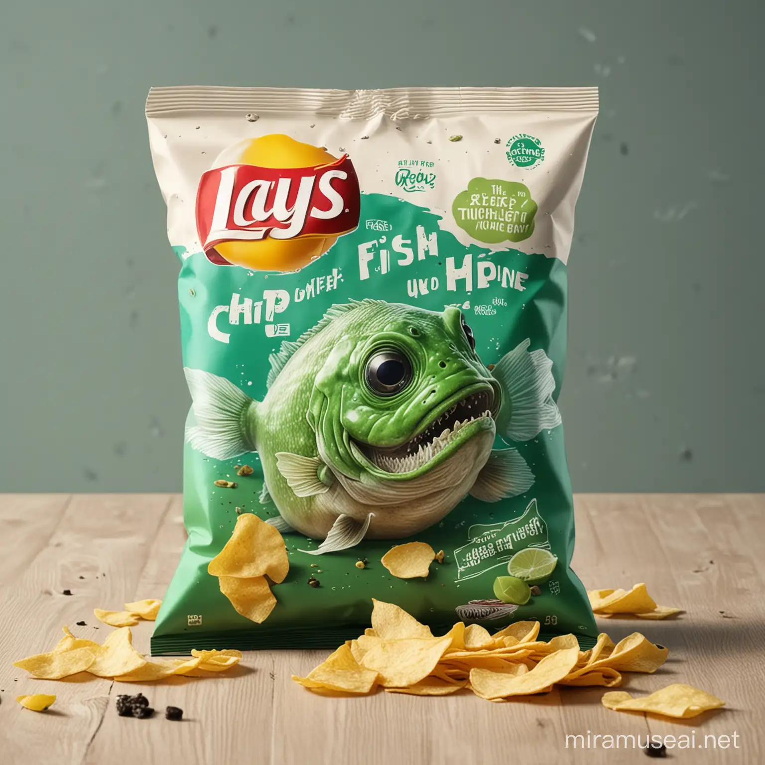 Rotten Fish Taste Lays Chips on Kitchen Table with Iconic Packaging