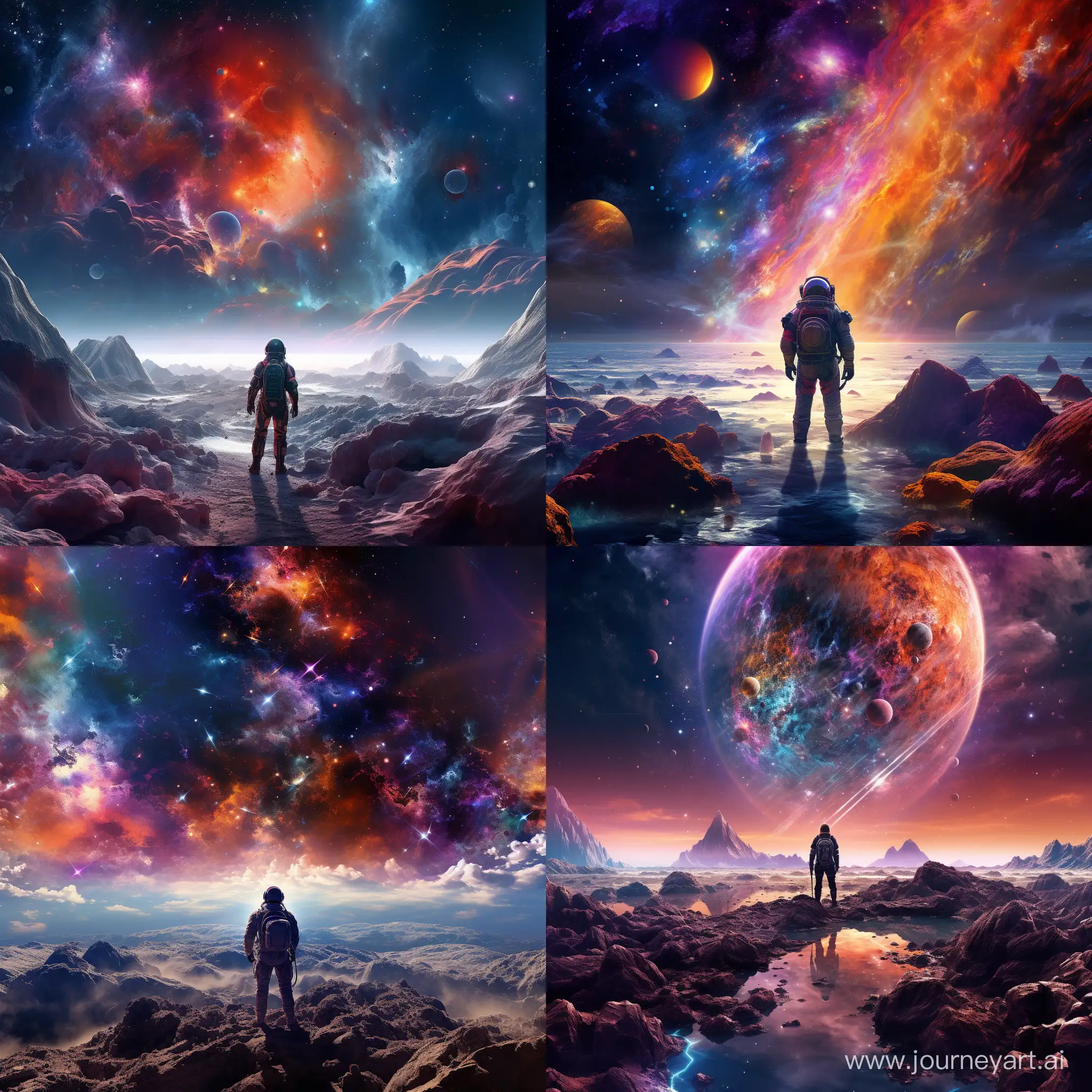 An astronaut, alone, exploring a hyper-realistic galaxy. The scene depicts the astronaut navigating through the vastness of space, surrounded by breathtaking celestial formations and vibrant cosmic colors. The hyper-realistic details bring an immersive and awe-inspiring quality to the image, capturing the solitude and wonder of space exploration.