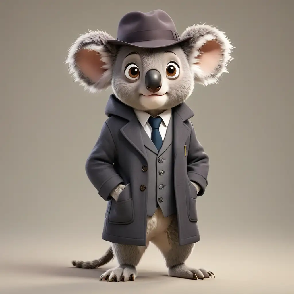 a koala, cartoon style, full body, big eyes, Detective with overcoat and formal hat, clear background