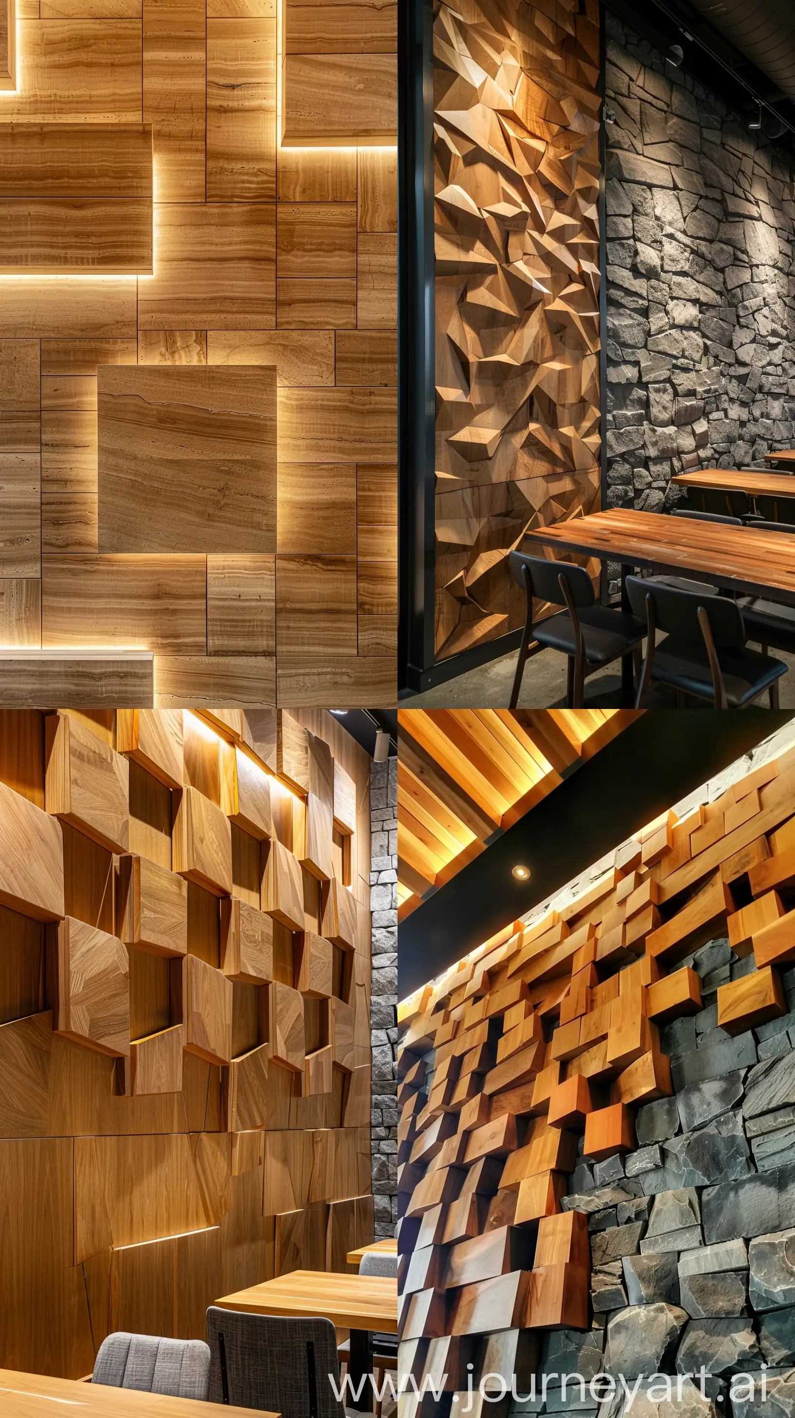Photo of the wall of the science and technology center area designed with computational architecture, modern, wood, stone; top view horizontal close-up image in the restaurant --ar 9:16 --v 6.0