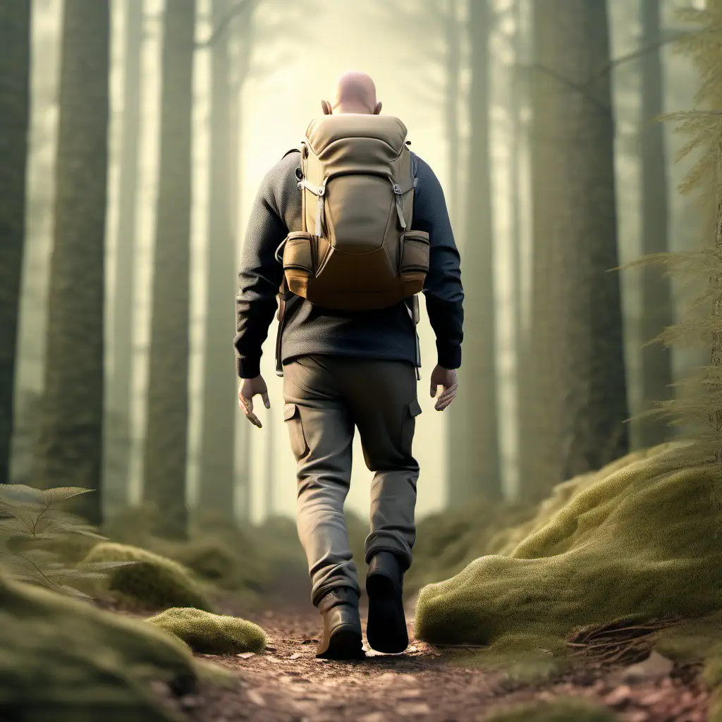 Create a hyper 3D realistic image of a danish guy, light skin toned, fit body shape, bald head , one day old beard. He is walking with his backpack and hiking clothes and boots in a nordic forest. Seen from his back. 70 mm
