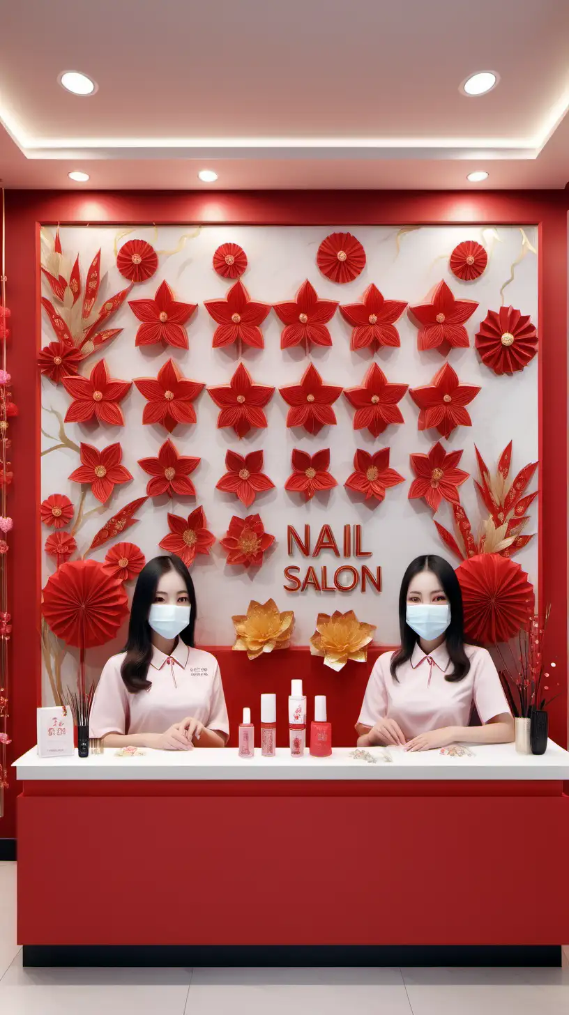 create the 3d graphic photo of nail salon in london, staffs are happy girls, wearning facemask, decoration, red of lunar new year