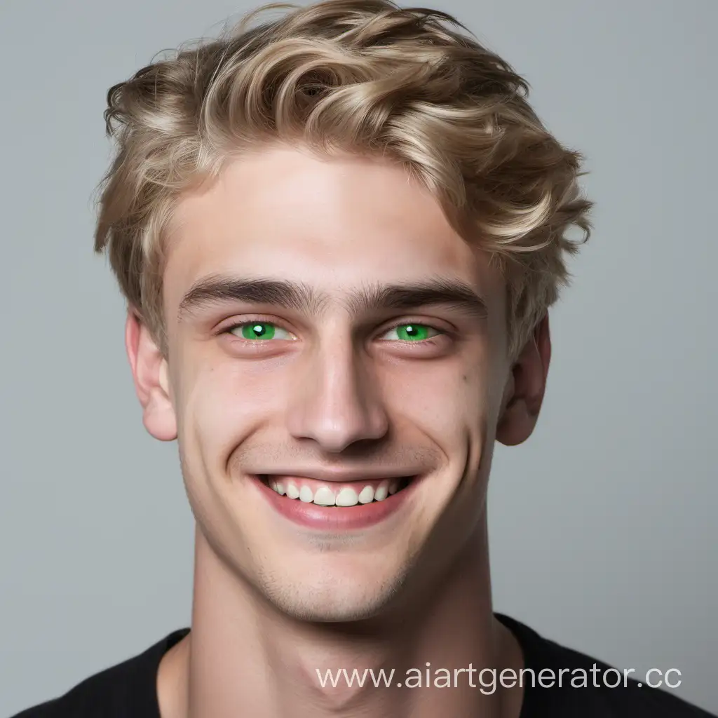 молодой мужчина со светлыми волосами зелеными глазами тонкими губами и массивной нижней челюстью улыбается