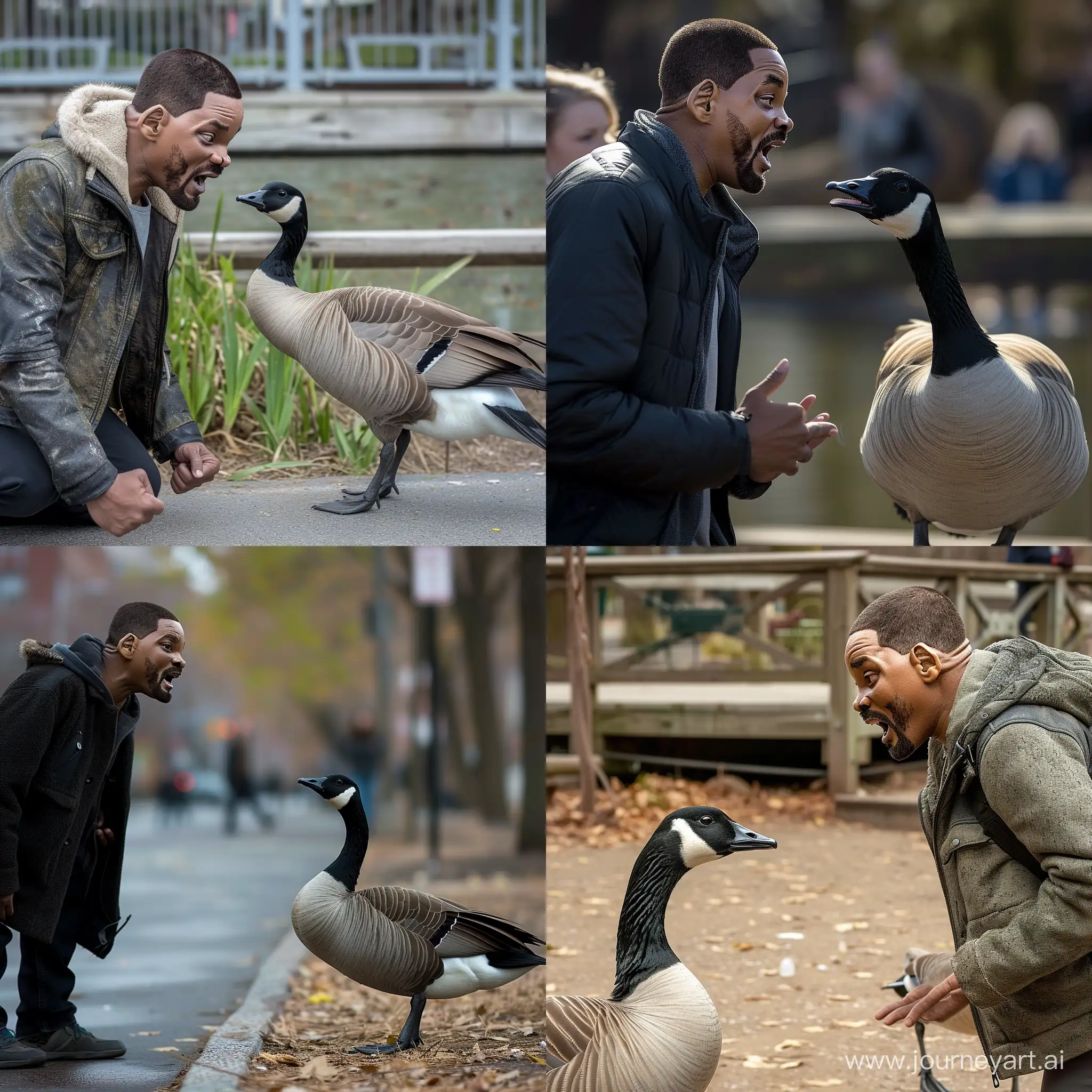 Paparazzi photo of Will Smith in a standoff with a Canada goose, he is emotionally yelling at the goose and the goose is honking back at him, they are about 6 feet apart