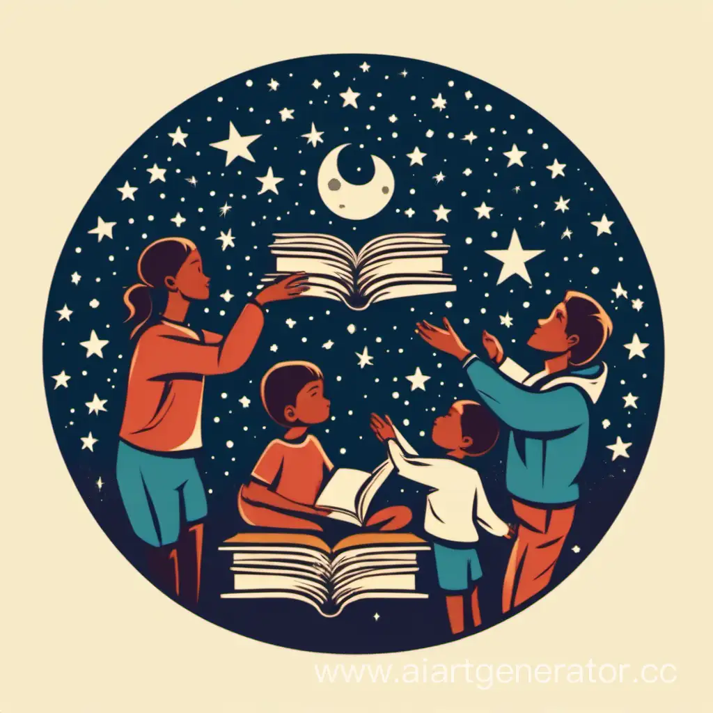 Семья держит книги под звездами  круглый 
логотип

