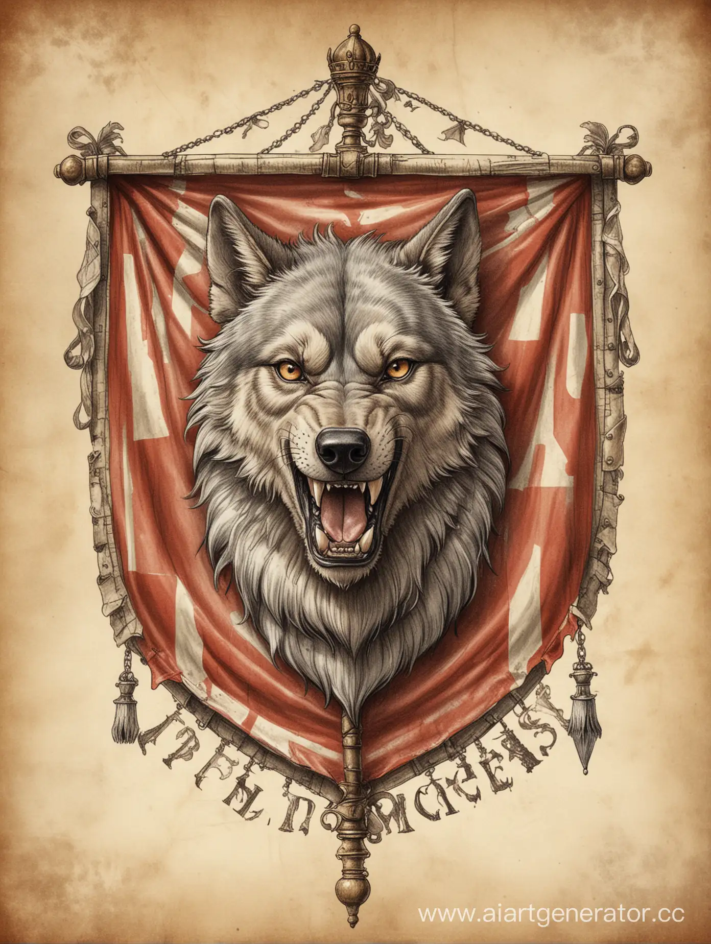 нарисуй герб в стилистике средневековой геральдики, на котором будет нарисован волк, держащий в зубах лестницу, а внизу цирковой шатёр