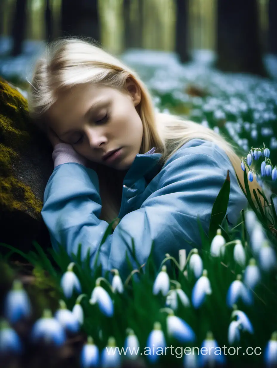 Девушка спит на животе в лесу на камне. Русые волосы, скандинавская одежда. Погода: лёгкий туман и роса. В лесу цветут синие подснежники