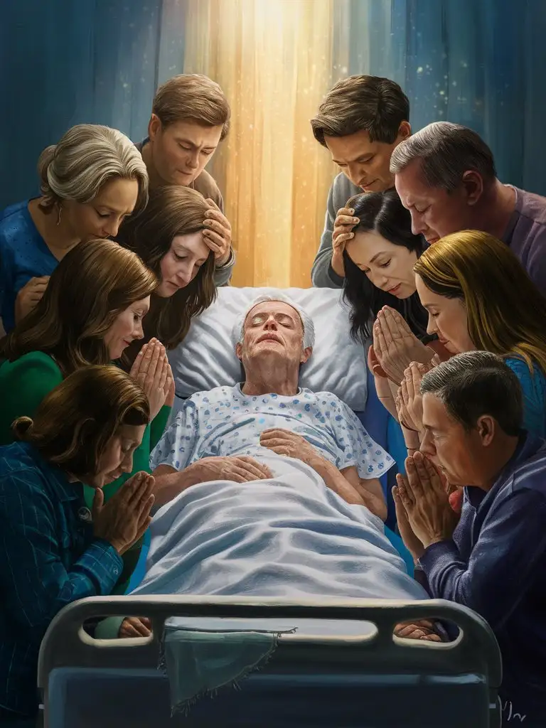  a digital painting of a person in a hospital bed surrounded by loved ones praying fervently for their healing, with a gentle glow of light enveloping the room, representing the transformative power of faith in healing.