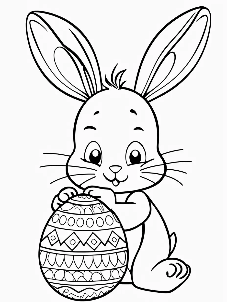 Very easy coloring page for 3 years old toddler. The bunny and easter egg. Without shadows. White background.