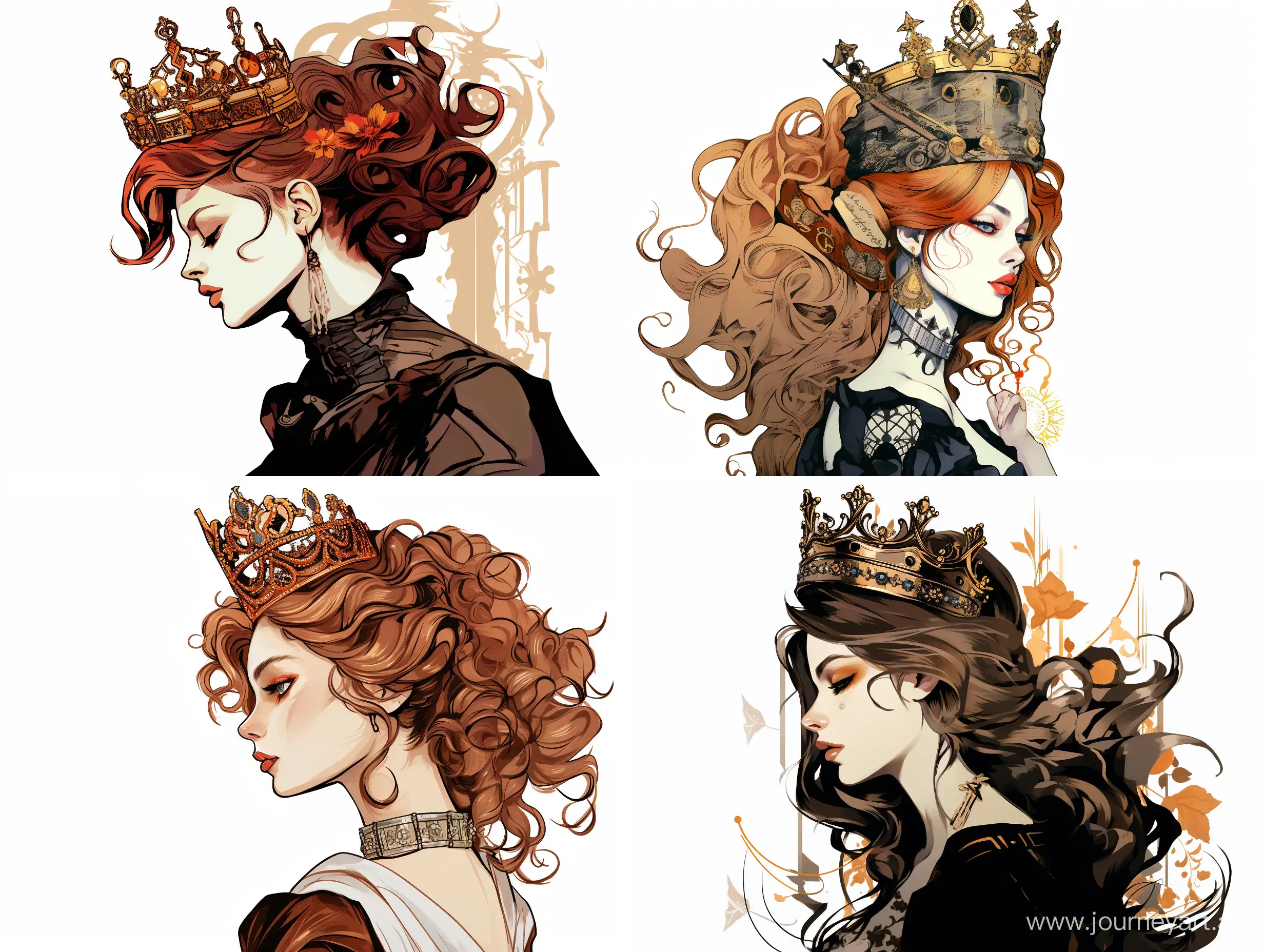 Young Queen looking like Vivienne Westwood, clothing and accessories, by Vivienne Westwood, central portrait in profile, on white background, decorative style, illustration, dark colors, ink stroke, in the style of Alphonse Mucha, cartoon style