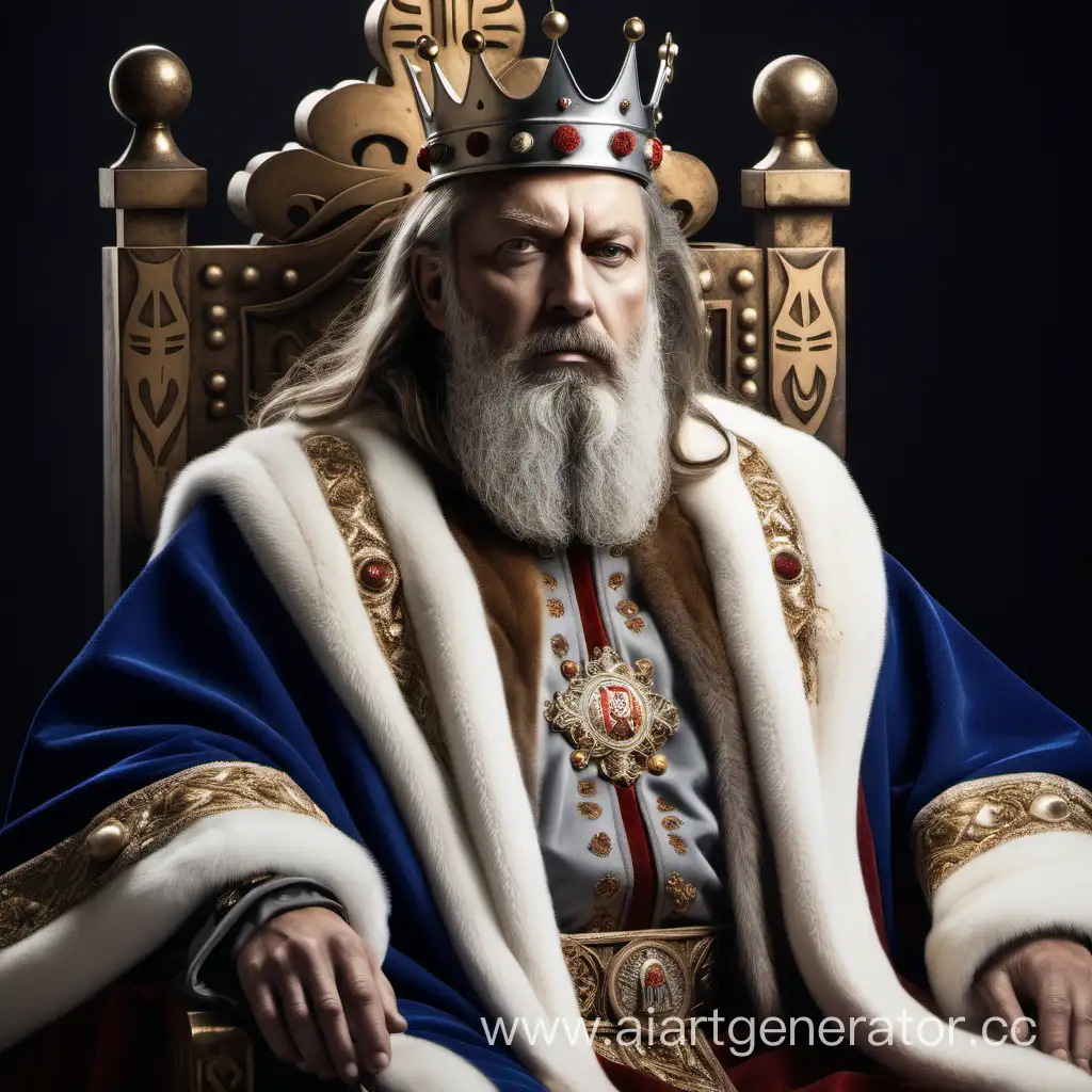 Царь сидит на троне. У него на голове лежит корона. Царь одет в царскую одежду. У царя на лице растёт длинная борода. Волосы у царя немного седоватые. Царь одет в царскую мантию из горностая. Лицо у царя славянской внешности.