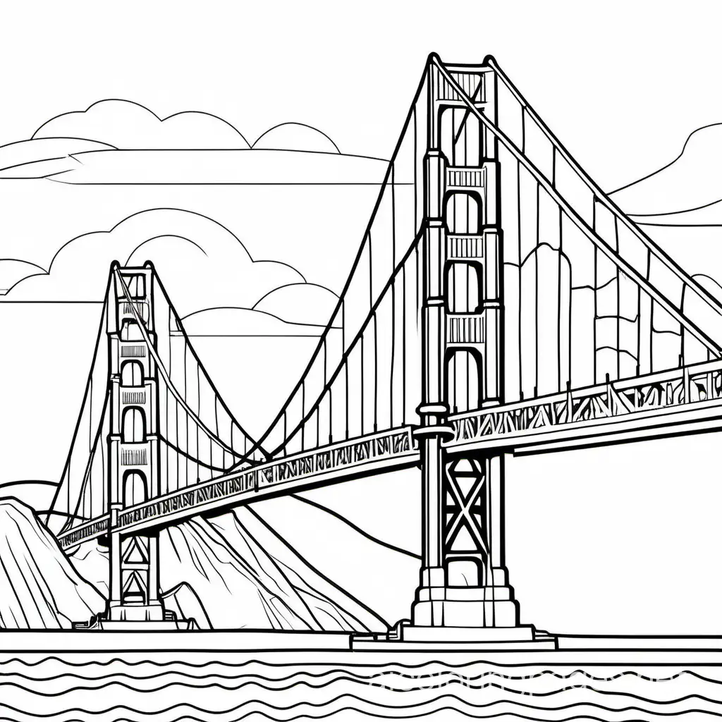 golden gate bridge, Coloring Page, black and white, line art, white background, Simplicity, Ample White Space. The background of the coloring page is plain white to make it easy for young children to color within the lines. The outlines of all the subjects are easy to distinguish, making it simple for kids to color without too much difficulty, Coloring Page, black and white, line art, white background, Simplicity, Ample White Space. The background of the coloring page is plain white to make it easy for young children to color within the lines. The outlines of all the subjects are easy to distinguish, making it simple for kids to color without too much difficulty