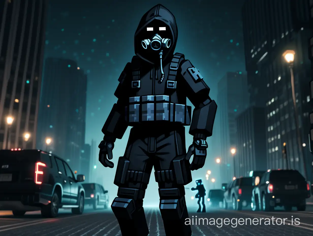 a man in black tactical gear with black gloves in a gas mask with a black hood in black boots in the city at night. in the style of Minecraft
