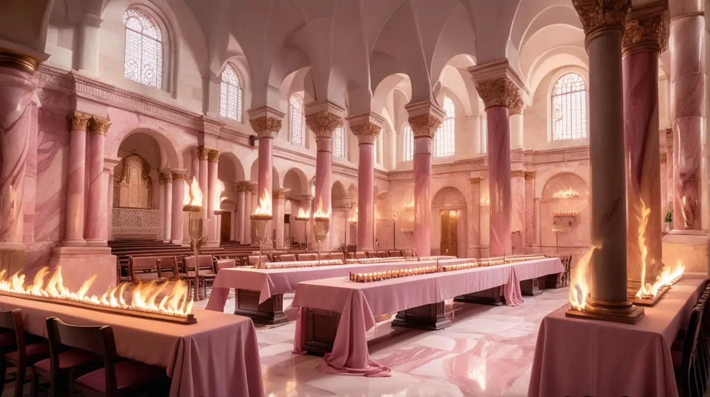 epoque biblique, dans une très belle synagogue en marbre rose, torches aux murs, un grand rouleau de parchemin posé sur une grande table  haute centrale, de nombreux fidèles hébreux debouts avec un chale de prière blanc sur la tête