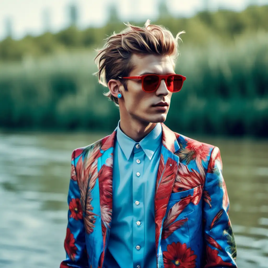 a tall young European model, standing in river, wearing floral jacket and red sunglasses, feather in his hair, blue earrings 
