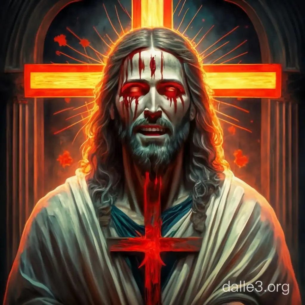 Jesus christ with Blood comming out of his eyes  inside a church holding a upside down red glowimg cross with a terryfing smile