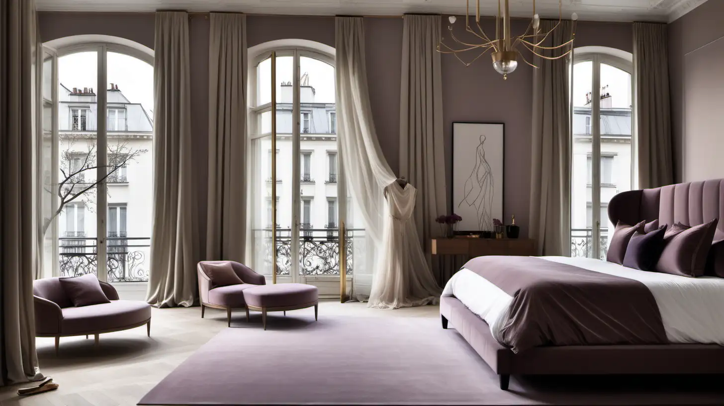 Elegant, Minimalist Parisian Master Bedroom; King 4-poster bed; Beige, Oak, Brass, mauve colour palette; floor to ceiling windows; sheer curtains; chandelier; ample natural lighting