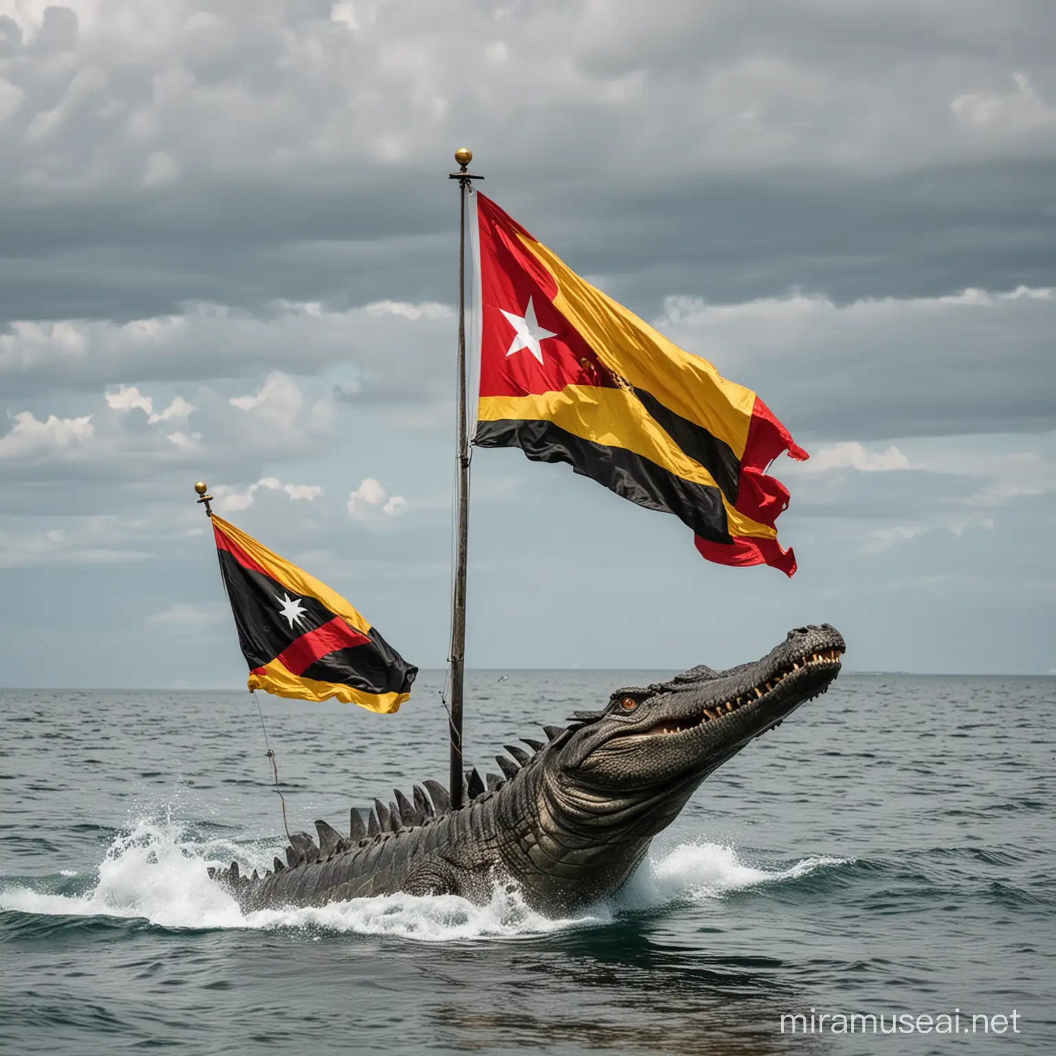 East Timor Flag Soaring Over Ocean with Mythical Wings and Crocodile Deities