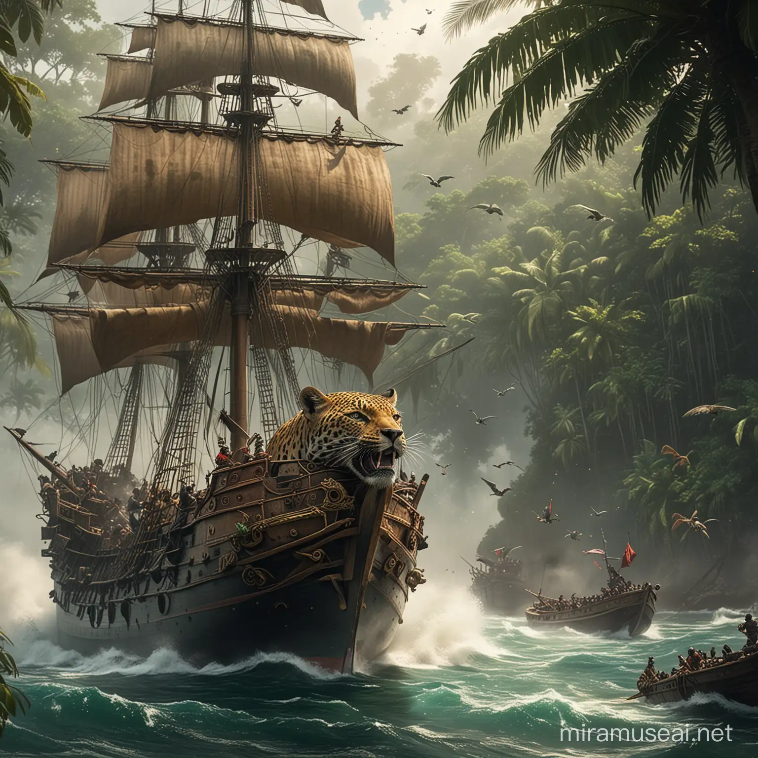 Jaguars Attacking Pirates on Jungle Docked Ship