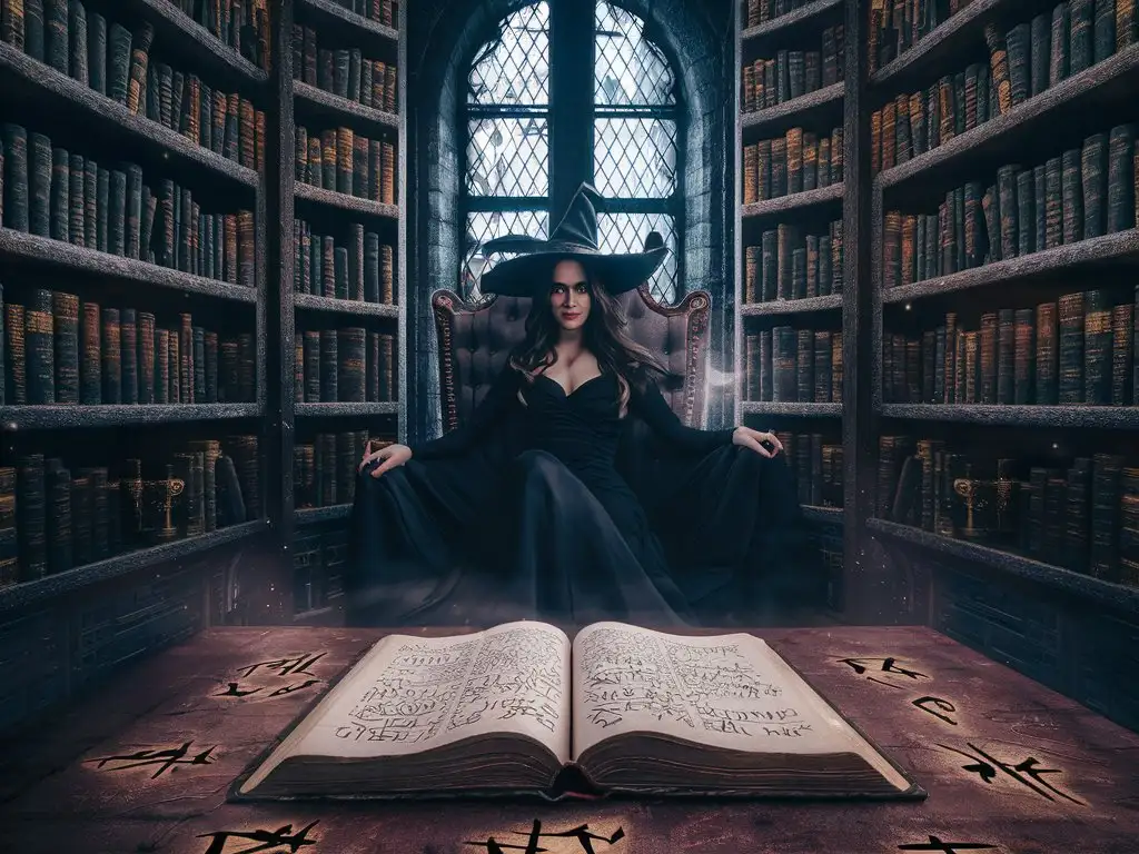 Кабинет темной волшебницы со стеллажами книг вдоль стен у окна стол с открытой книгой, на страницах которой написаны руны.
