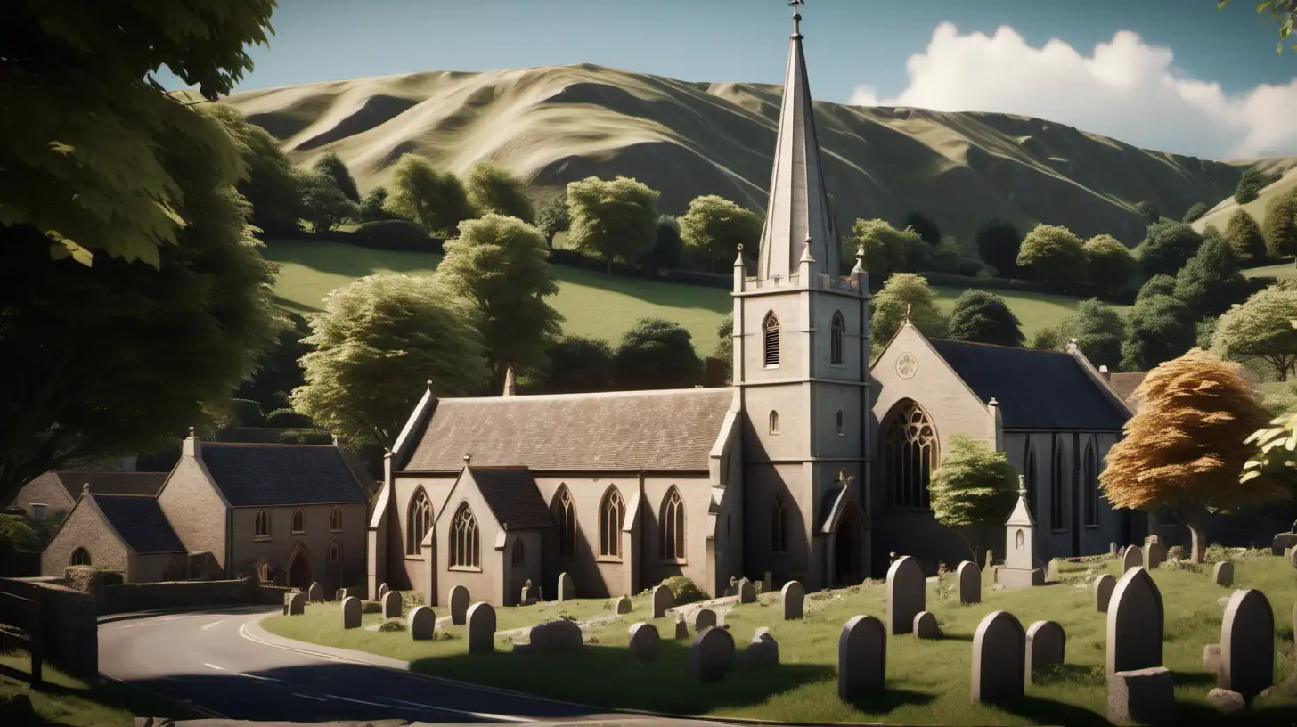 Church in a cute english village, hills in the background with trees. Ultra realistic.