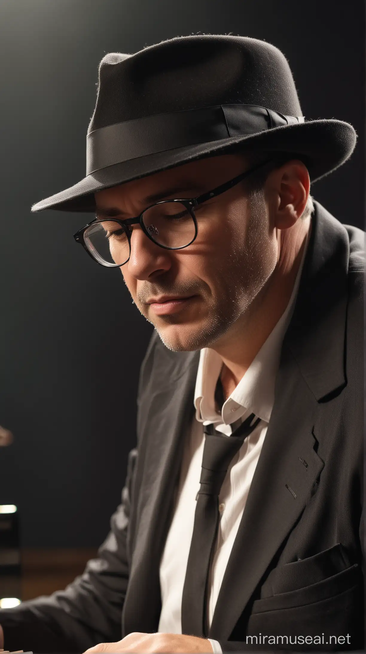 Men 46 years old, glasses, wearing fedira hat, singing sad song on the grand piano, on the stage, close up.