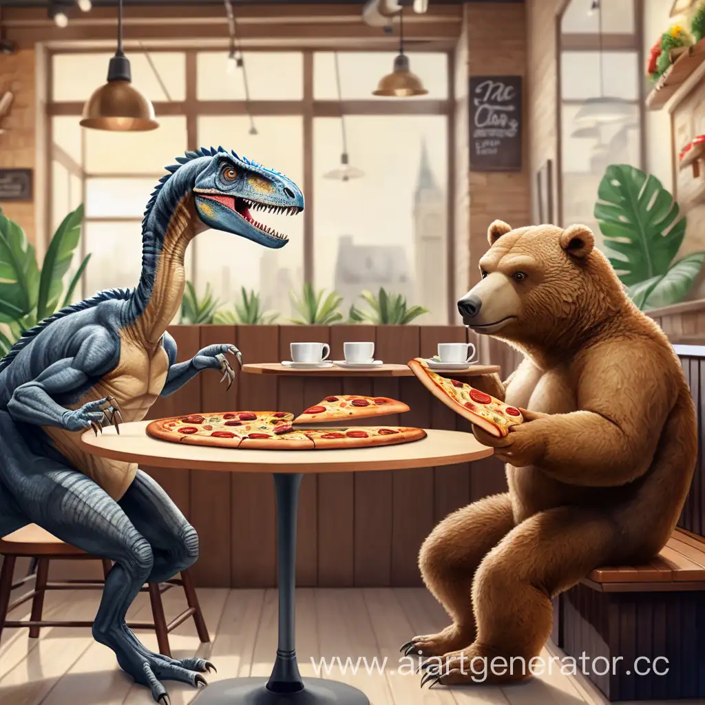 Velociraptor-and-Cute-Bear-Enjoying-Pizza-at-a-Cafe