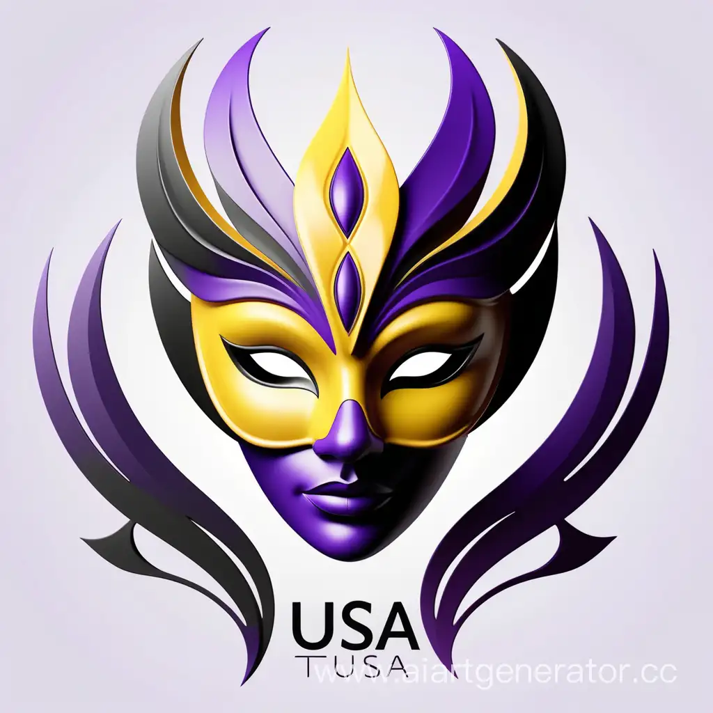 создай логотип, состоящий из стилизованного изображения выполненной в фиолетовом цвете. приятного жёлтого цвета. Вокруг маски могут быть добавлены абстрактные черные и белые элементы, символизирующие творческий подход и оригинальность. Внизу логотипа можно добавить название компании "ne tusa" в стильном шрифте.
