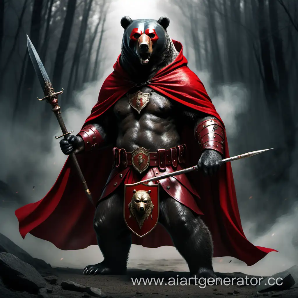 Powerful-and-Mysterious-Military-Bear-in-Red-Cloak-and-Mask-with-Shield-and-Spear