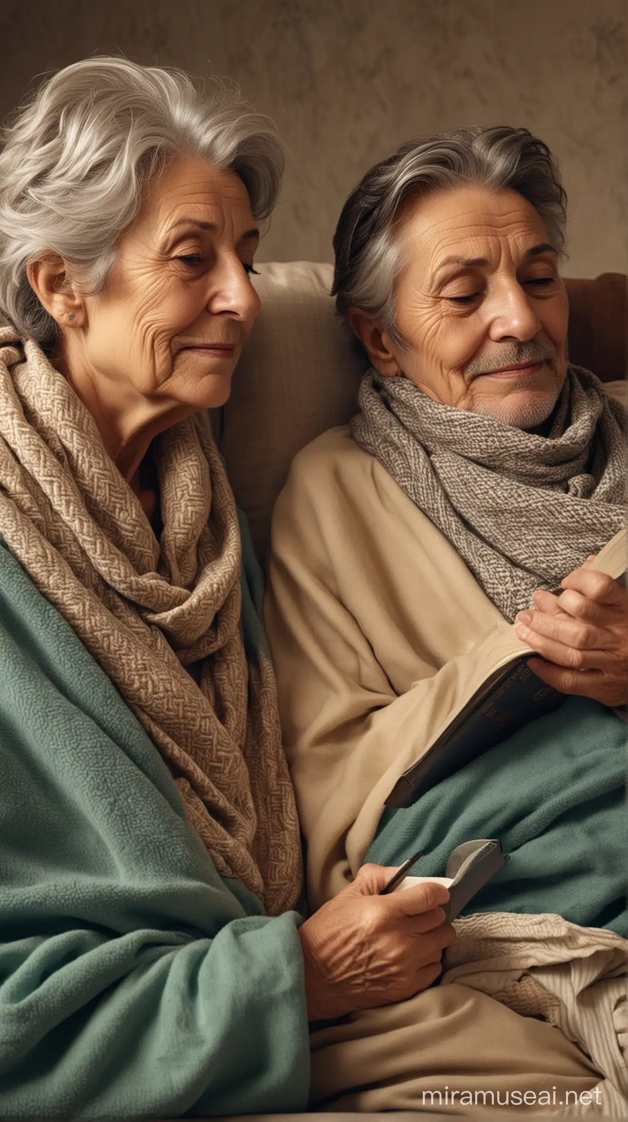 Elderly Italian Couple Bible Reading on Oversized Comfortable Couch