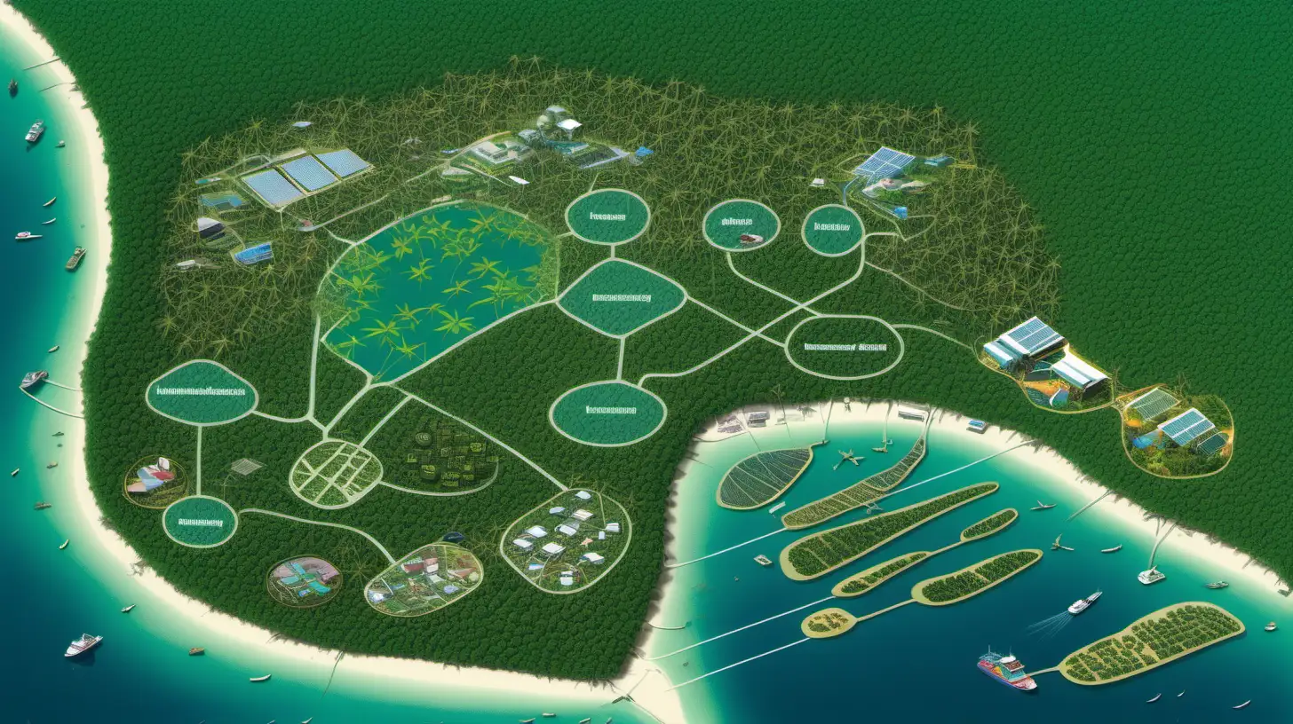 In center of image is a large tropical island based on koh phanang, satelite view. Around the island is a ribbon connecting 5 bioeconomy levels; Each level is represented by an icon. Level 1 = tropical fruit trees. Level 2 = hemp. Level 3 = biorefinery. Level 4 = tourism. Level 5 = agricultural research centre.

(nature, bioresources, infrastructure, industry, research + innovation)