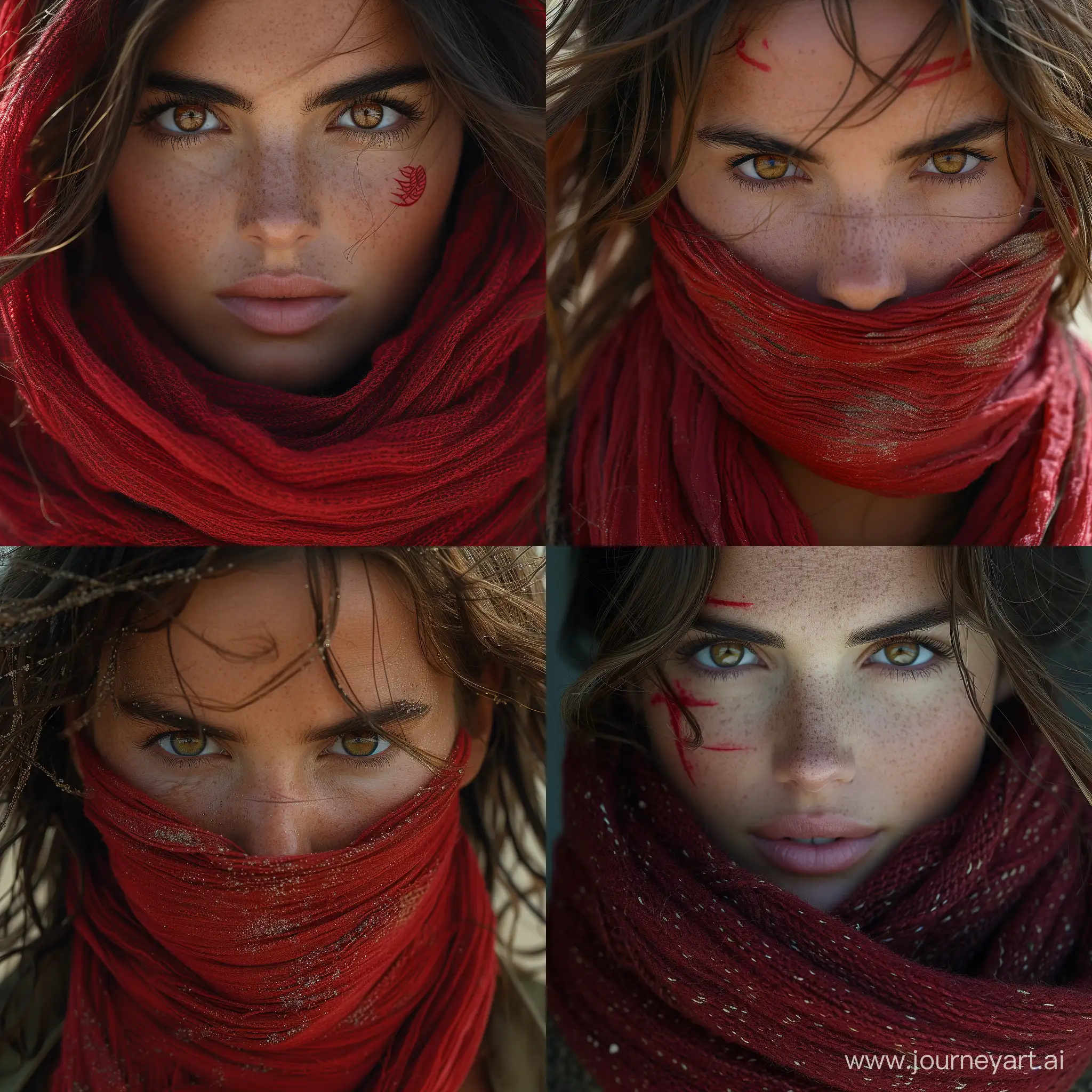 Woman, red scarf on face, character portrait, mortal engines, epic photo, brown-eyed heroine  --stylize 750 --v 6