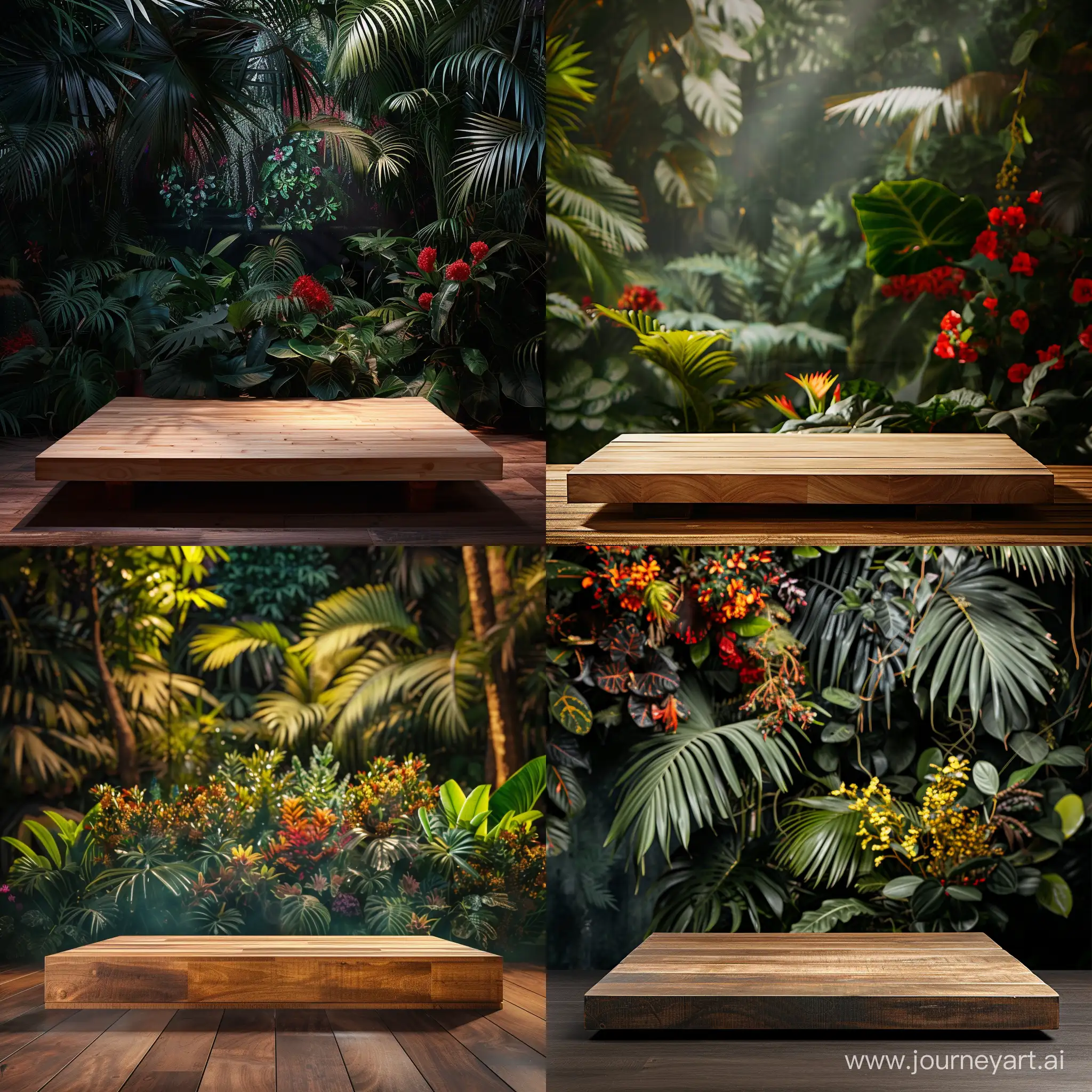 an empty wooden platform for product photography having tropical leaves, plants and flowers behind, decorative items, studio lighting, cinamatic camera angle, high contrast photography