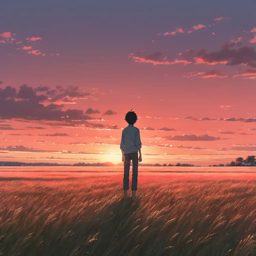 Solitary Figure Admiring Red Sky Sunset in Makoto Shinkai Style