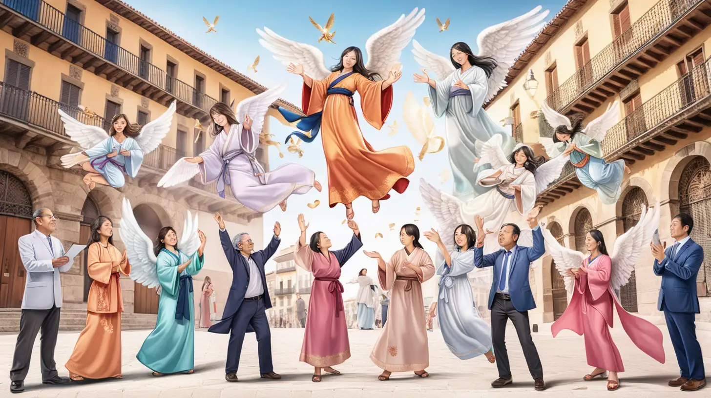 10 Asian middle-aged angels and two men In various poses.celebrating Women's Day in Spain, with background Plaza Mayor， hand writing texts “International Women's Day” in the sky. Full body view