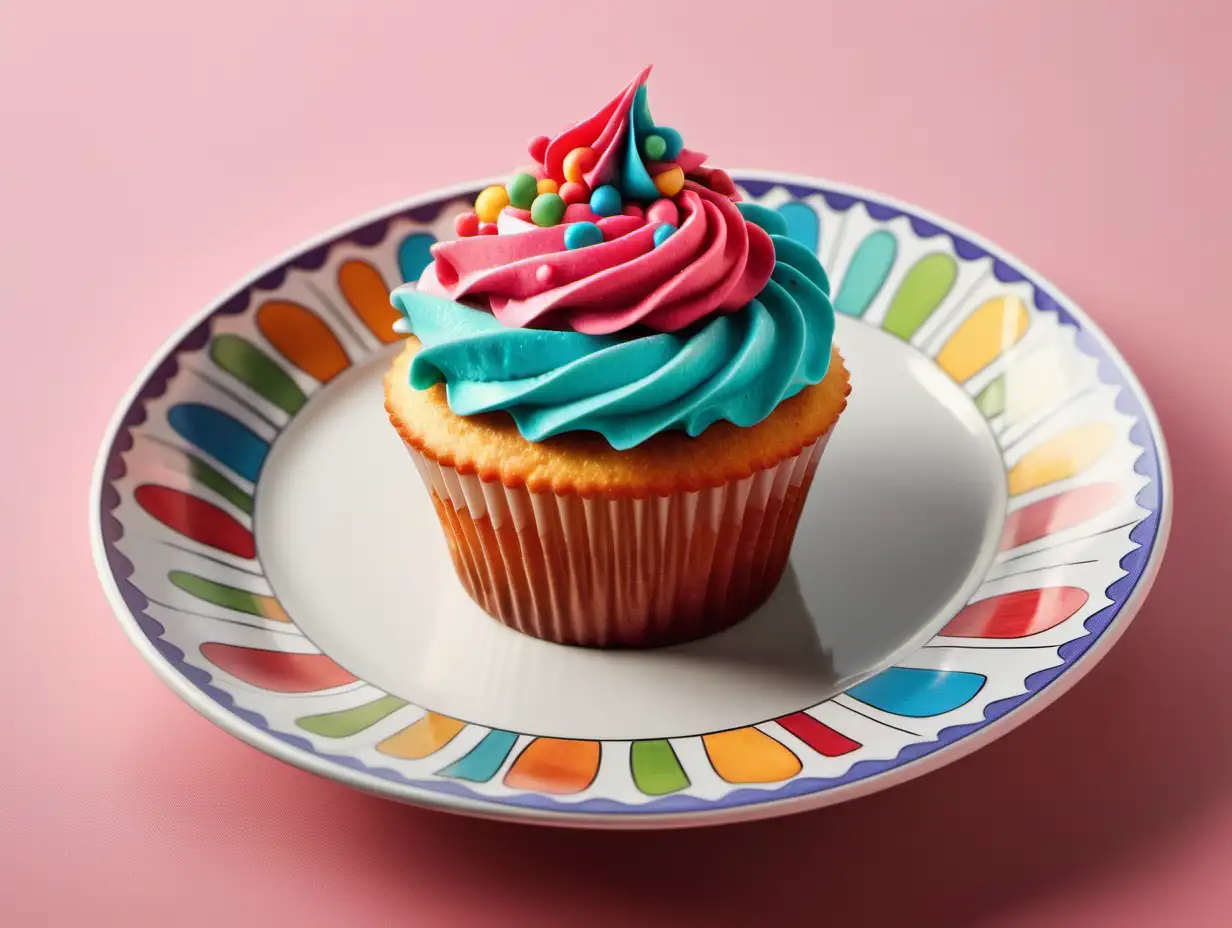 cartoon of a cupcake with colorful frosting on a decorative plate