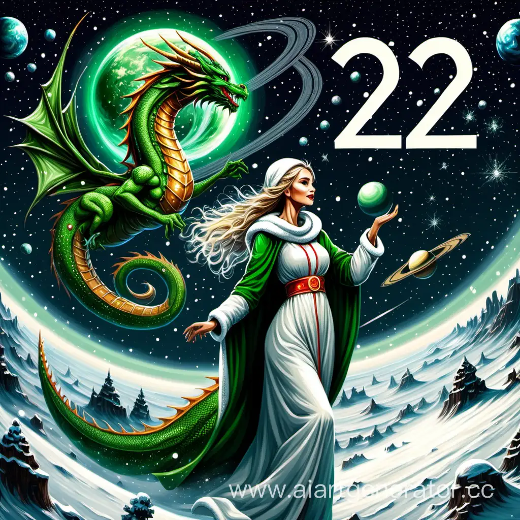 На фоне космоса цифры 2024. Идет снег и стоит снегурочка славянской внешности. Дракон зеленый летит на планету сатурн