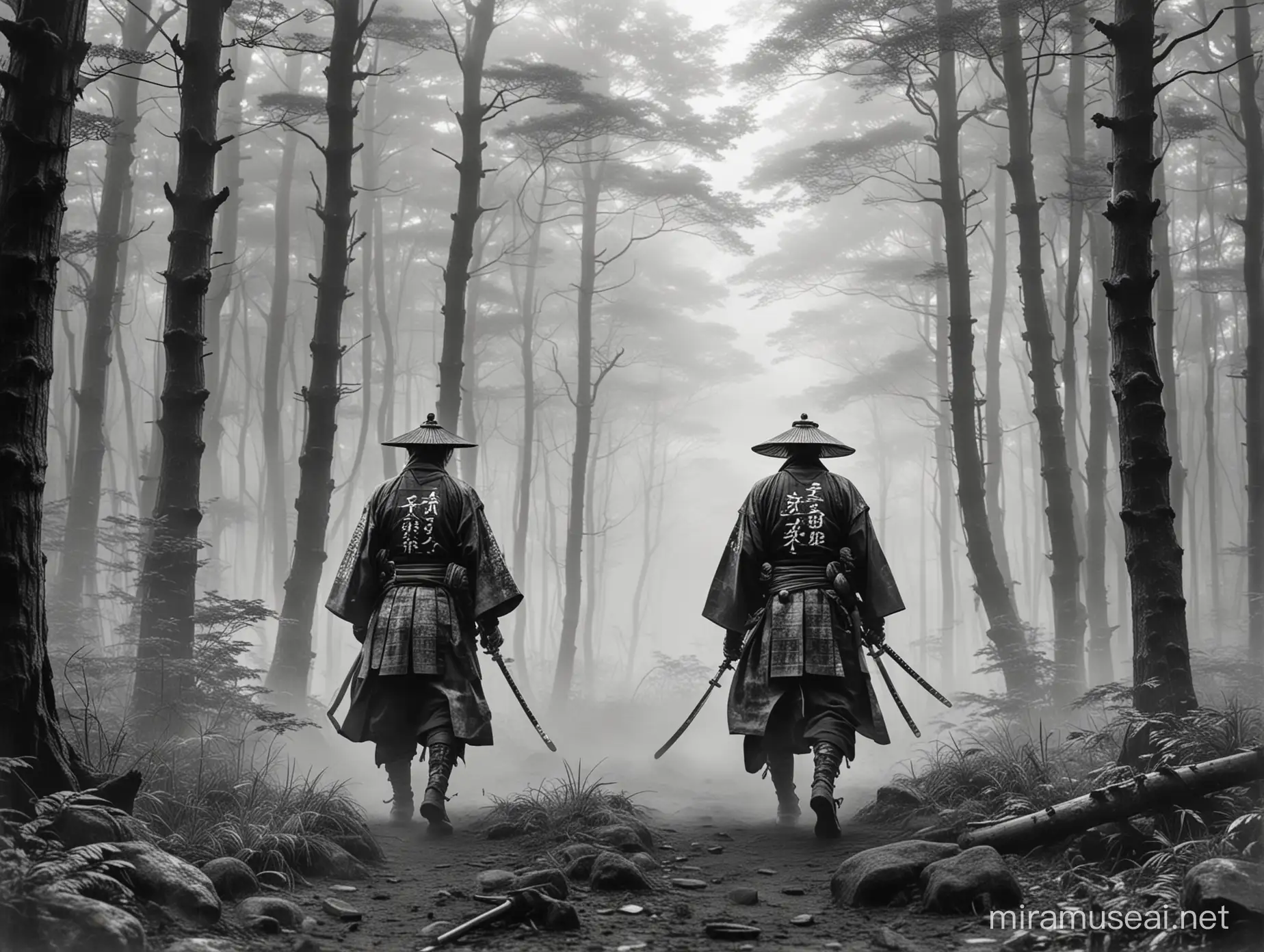 black and white  illustration samurai in foggy forest with written japanese characters