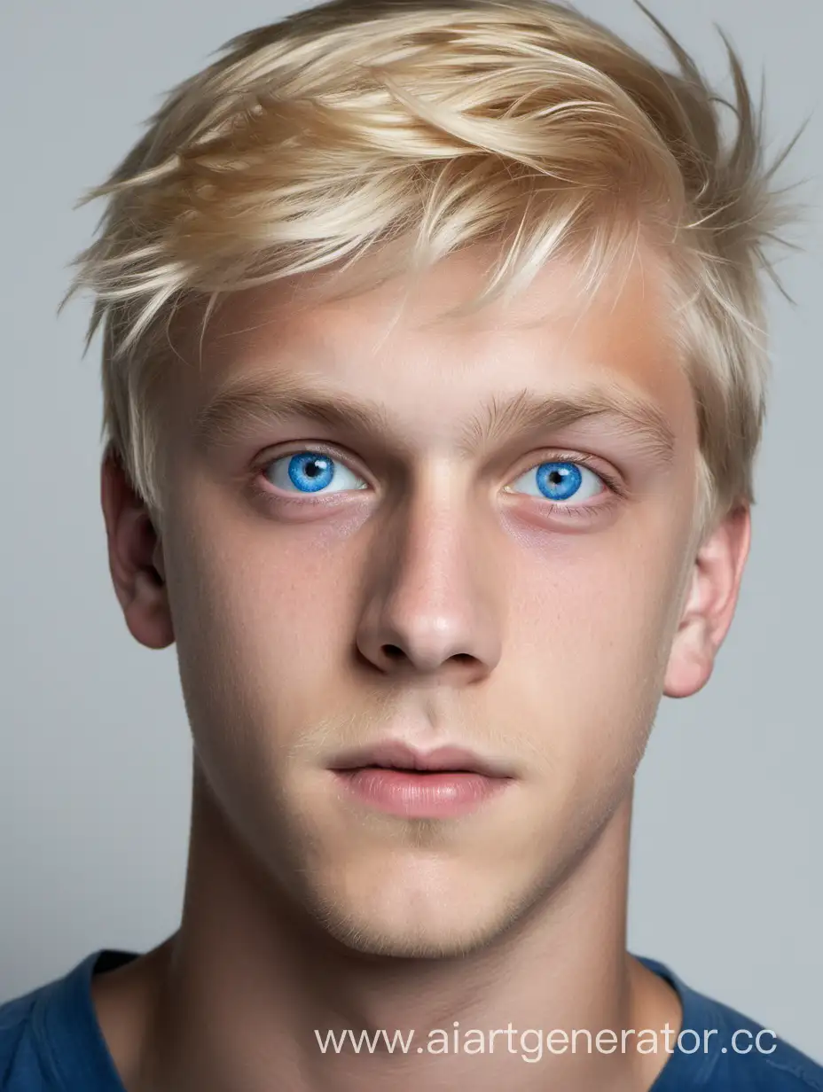 youth, male, blonde hair, blue eyes, looking straight ahead
