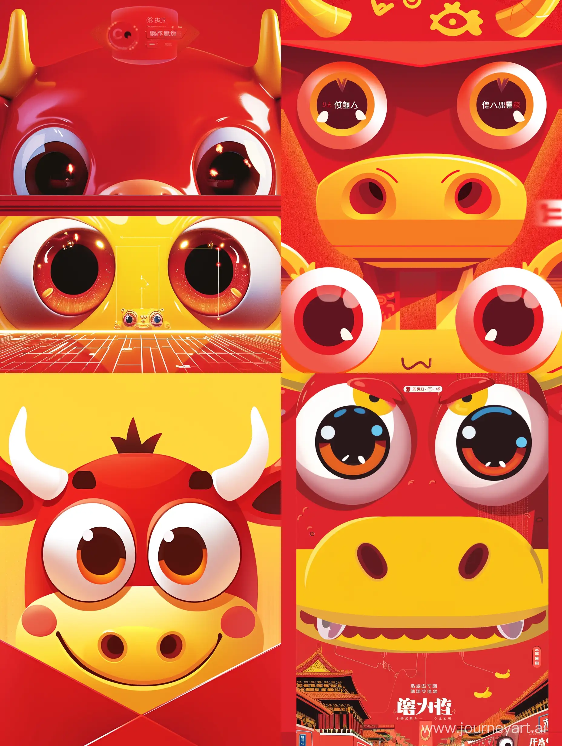 Design a WeChat red envelope cover with a sense of technology, with red and yellow as the main color tone, including the large "cow" character, and two smiling big eyes staring at the screen.