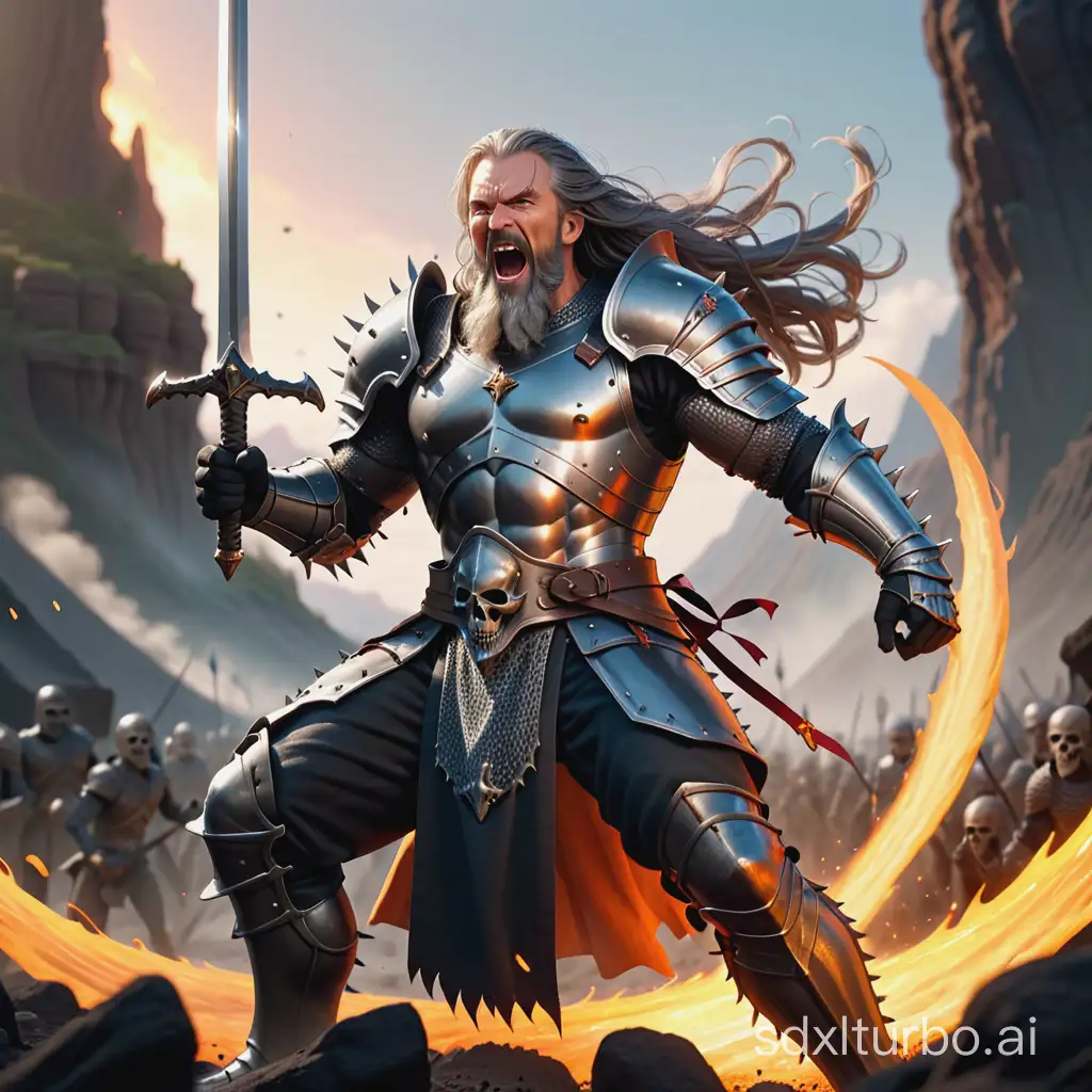 40 year old male knight,
bright grey eyes, grey long hair combed back, grey long beard, shouting,
muscular body, perfect body,
black spiky armor, 
fighting skeletons, huge two handed sword in hands,
facing sideways, 
Full shot, Full-length portrait, Wide field of view, Centered, feet visible, camera from side, low angle shot,
in hell, flames, lava,
Very Very Beautiful, 8k highly detailed, Soft Light, colorful.