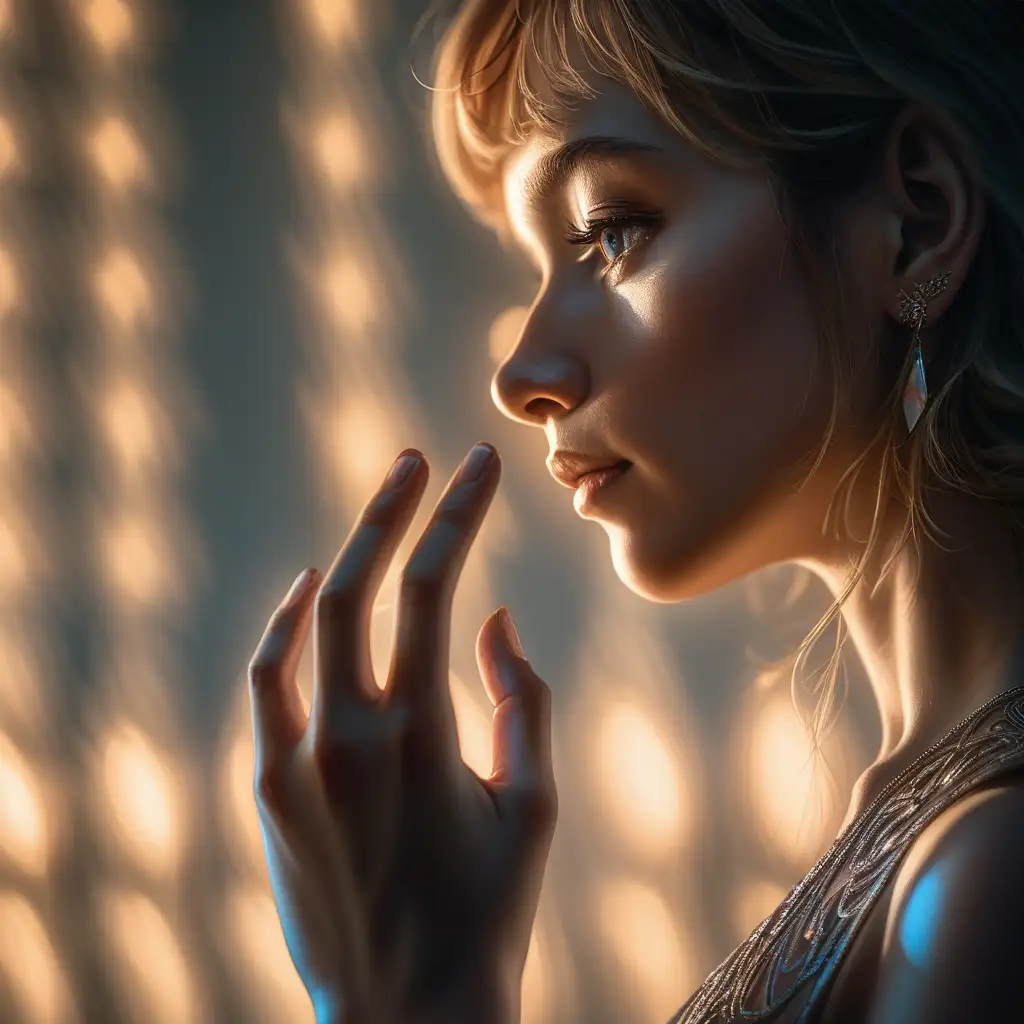 Close-Up, Profile View with Side Magic Light: Focus on the woman's face and hands in profile. She is looking towards her left, with her left hand near her face, fingers elegantly positioned. Magic light from the side highlights the contours of her face and the intricacies of her hand's pose.

