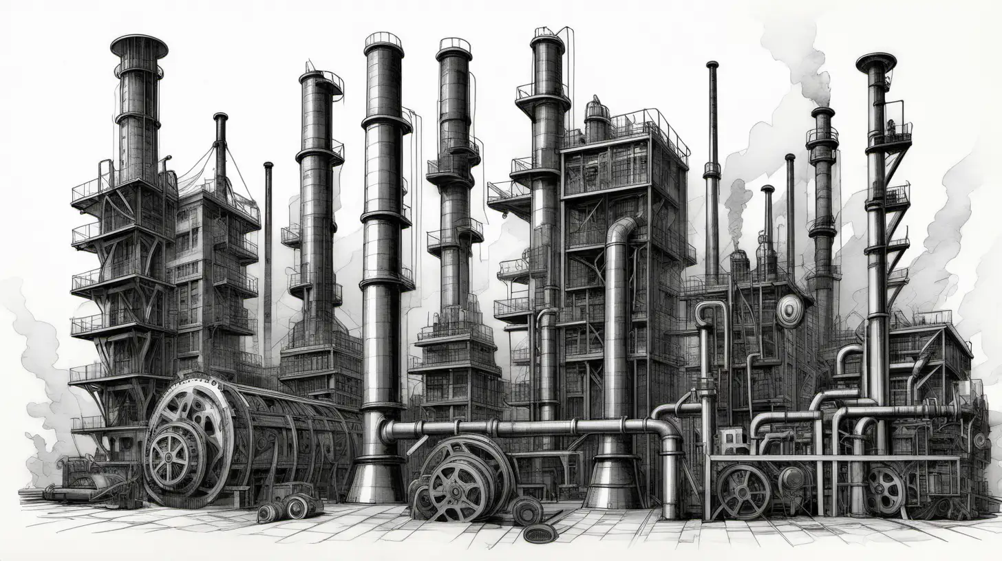 A rough black and white sketch with an ink pen in the style of pictures to old fiction books: three unemployed laborers, armed with pickaxes and hammers, destroying hated industrial machines and steam engines during the industrial revolution in the early 20th century. Closeup. Focus on emotions and smashed factory equipment