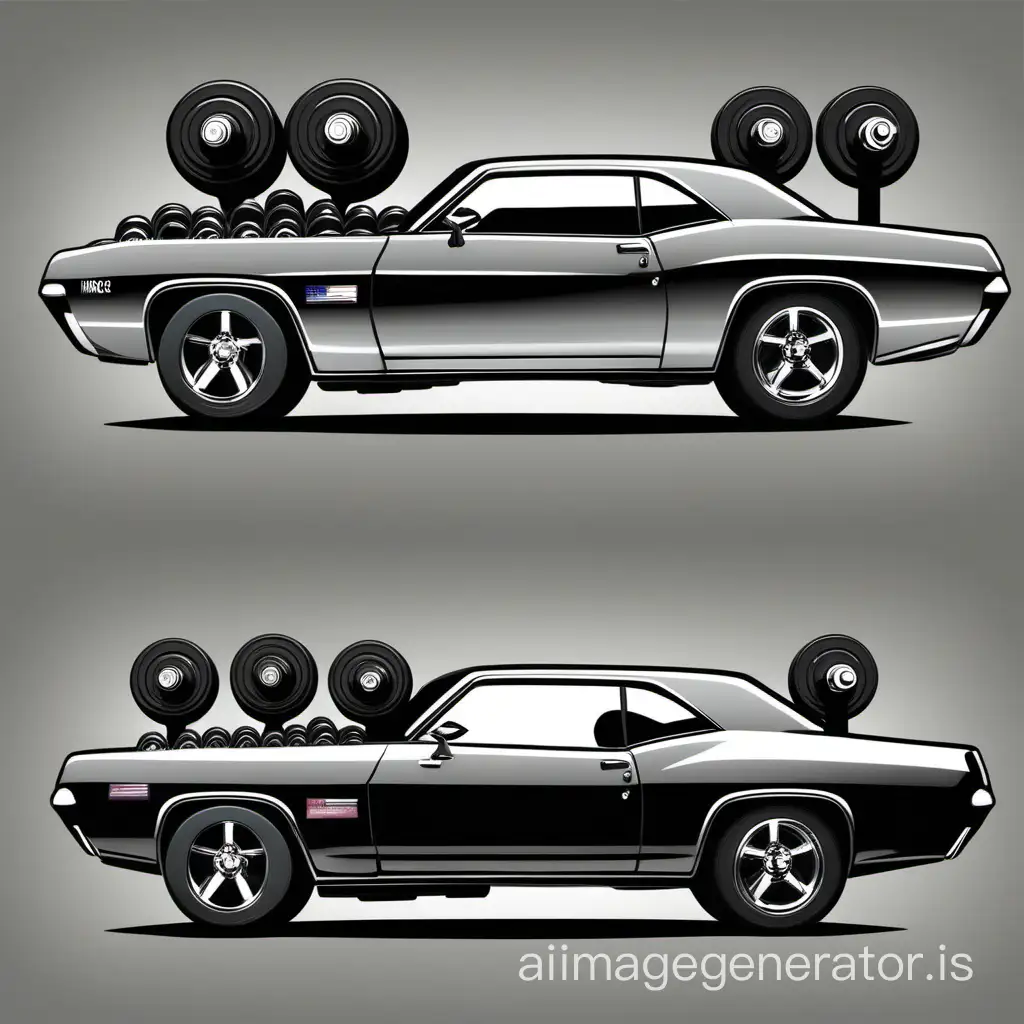 An image of a muscle car with dumbbells side by side, where the "muscles" of the car correspond to the muscles of the weights.