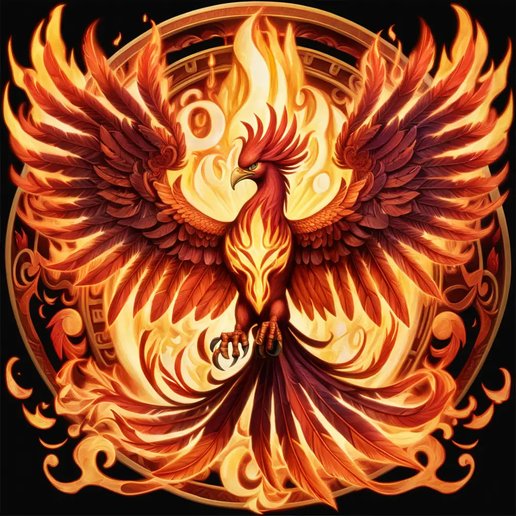 The emblem of the Inferno Phoenix Posse is a dynamic representation of their fiery and mythical theme. The symbol features a stylized phoenix in mid-flight, with wings outstretched and flames trailing behind. The phoenix is rendered in vibrant shades of red, orange, and gold, creating a mesmerizing display of inferno-like hues.

At the heart of the phoenix, an enigmatic eye glows with an intense fiery light, symbolizing the watchful and formidable presence of the Inferno Phoenix Posse. The feathers of the phoenix morph into flames, evoking the gang's association with fire and destruction.

The entire emblem is encircled by intricate flame patterns, adding an extra layer of intensity and energy. The overall design captures the essence of the gang's mythical affinity with the phoenix, a symbol of rebirth and eternal flame.

The color palette chosen for the emblem includes fiery reds, vibrant oranges, and golden yellows, creating a visually striking and powerful symbol that reflects the Inferno Phoenix Posse's dominance in the mythic underworld.





