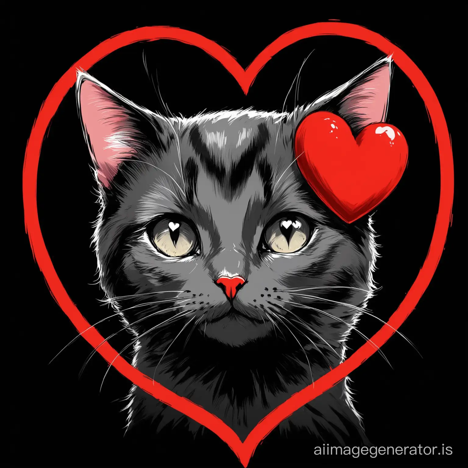 Картинка Котик кусает сердечко, нарисована черным и красным цветом, арт, 4К, черный фон с сердечком, кот с серыми глазами.