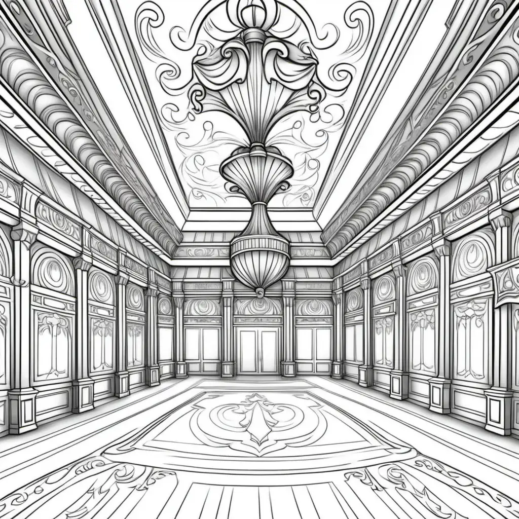 black and white, Disney style coloring page, palace ball room, no shading, no dither, no fills